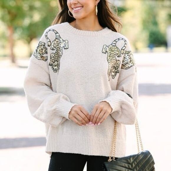 Peach Love Sweaters - Peach Love Oatmeal Sequin Tiger Matted Sweater Pullover Preppy Bubble Sleeve